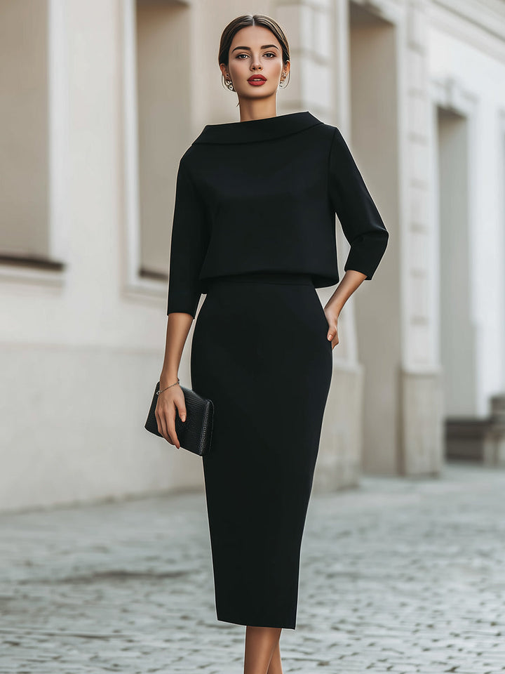 Damen Zweiteiliges Set Bootneck Top und Midi Rock Taillierte Passform - Schwarz / Marineblau / Beige - Maelen