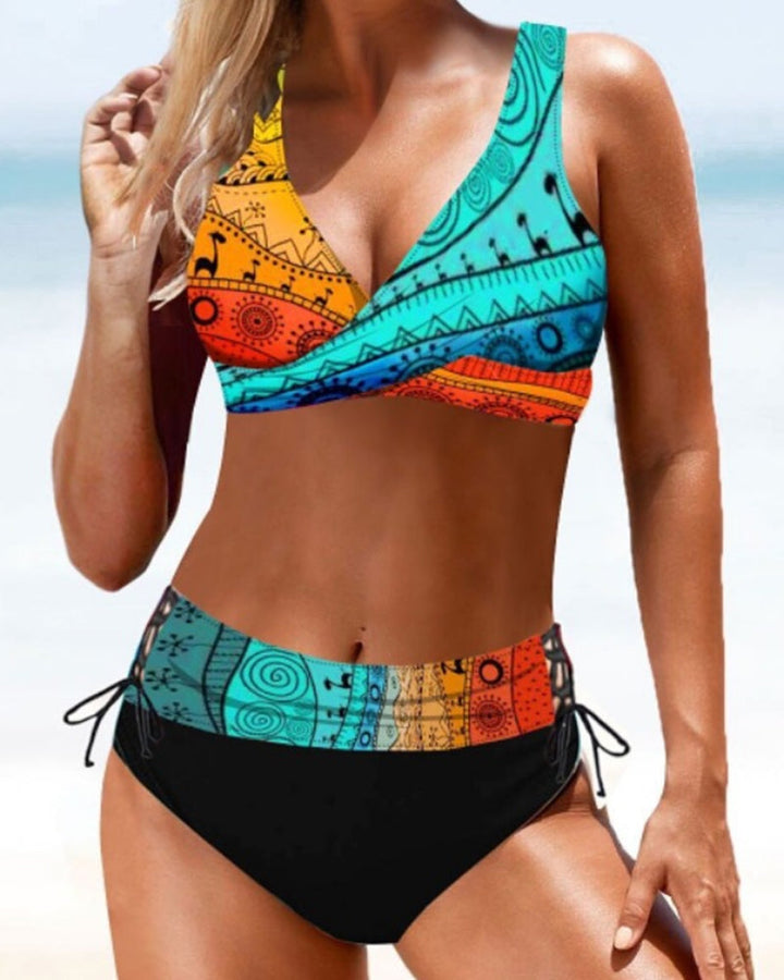 Samantha – Hohe Taille bunter Bikini Badeanzug