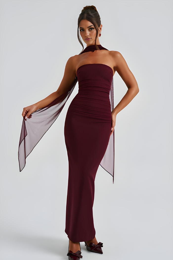 Deborah - Strapless Bandage-Maxikleid mit Chiffon-Halterdrape