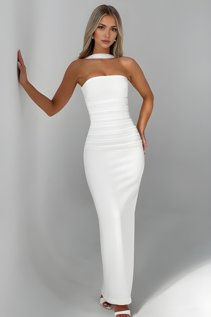 Deborah - Strapless Bandage-Maxikleid mit Chiffon-Halterdrape
