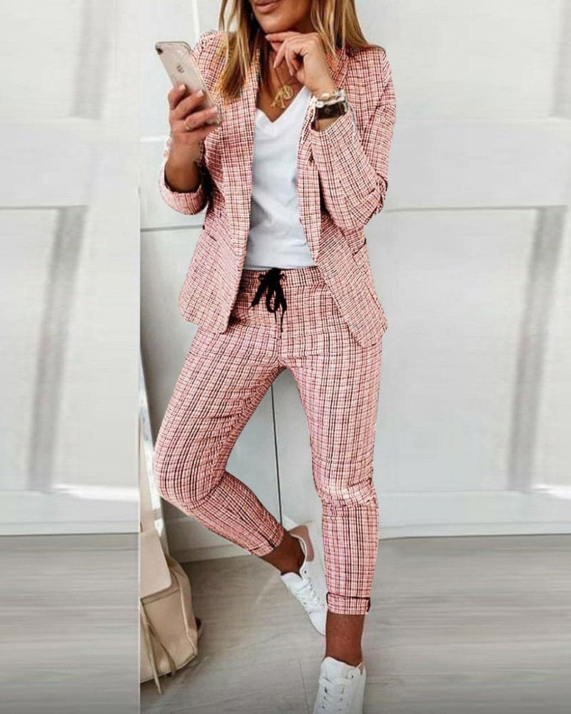 Blair | Damen Karo Blazer Set Langarmjacke Slim Pants Anzug
