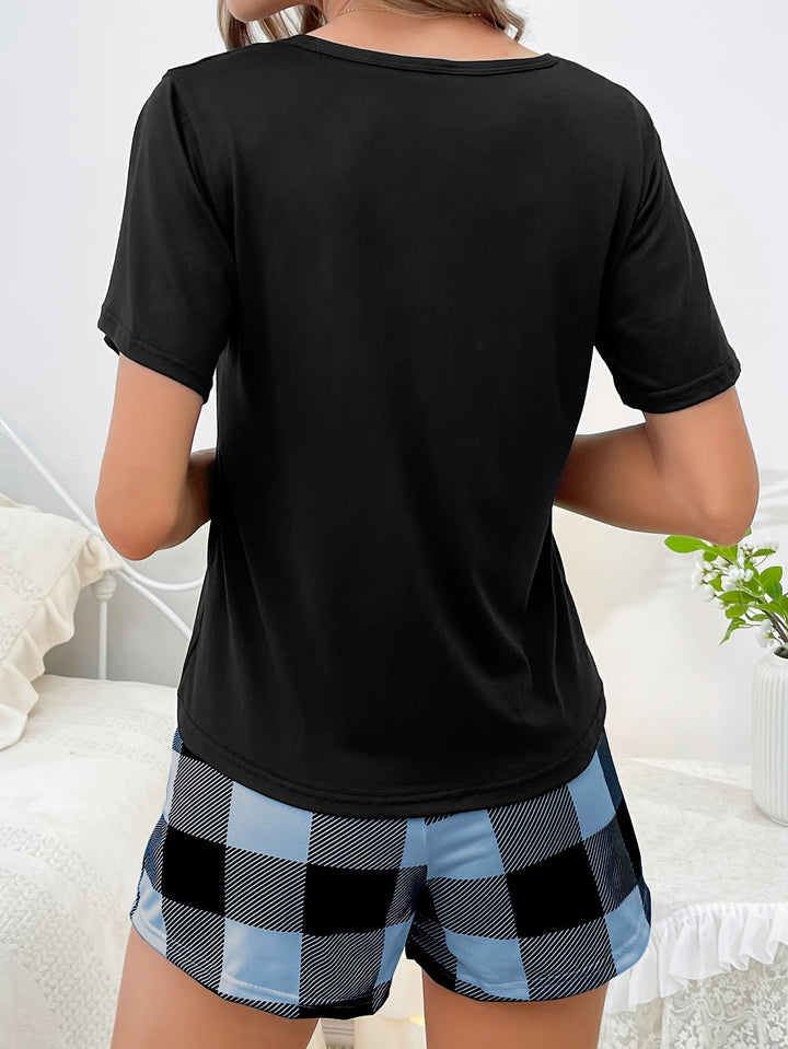 Sommer Damen-Pyjama mit Karomuster im lässigen Stil - Set aus T-Shirt und Shorts für zu Hause