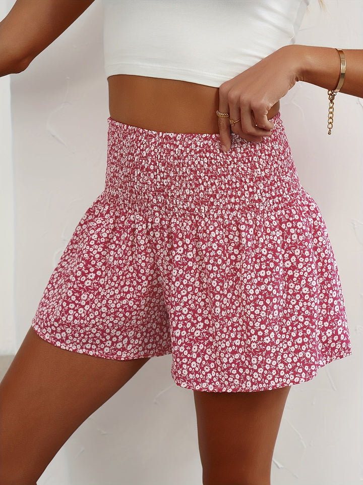 Kurze Damenhose mit hoher Taille und Rüschen, lässiger Blumenstil für den Sommer