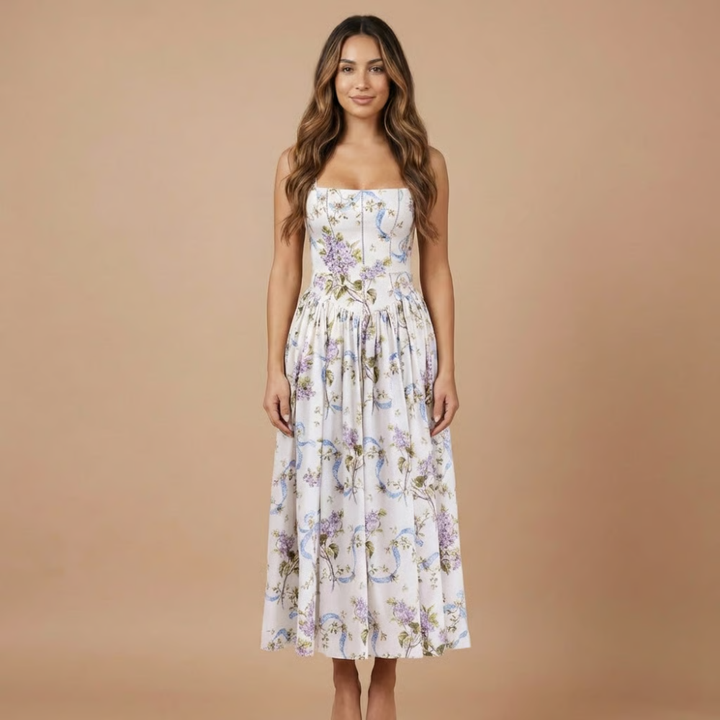 Stephanie - Floral Print Corset Bodice Gathered Midi Dress