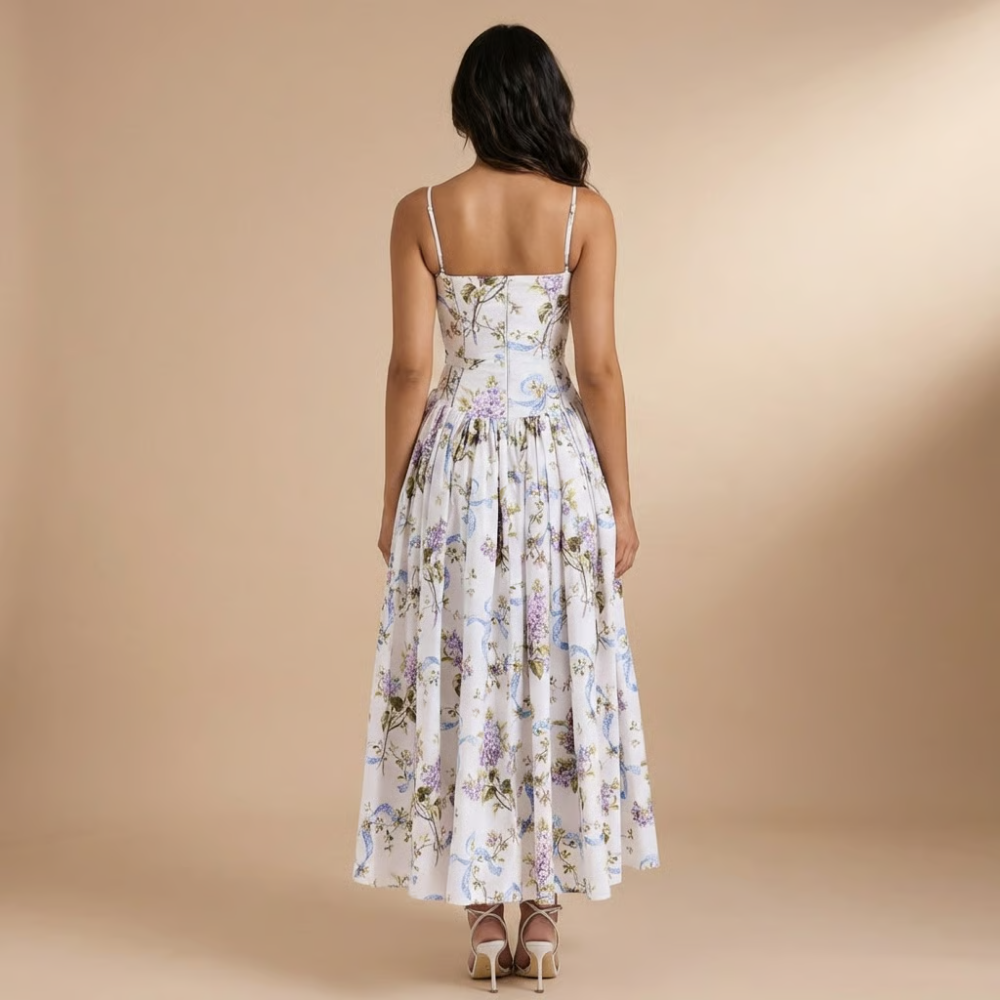 Stephanie - Floral Print Corset Bodice Gathered Midi Dress