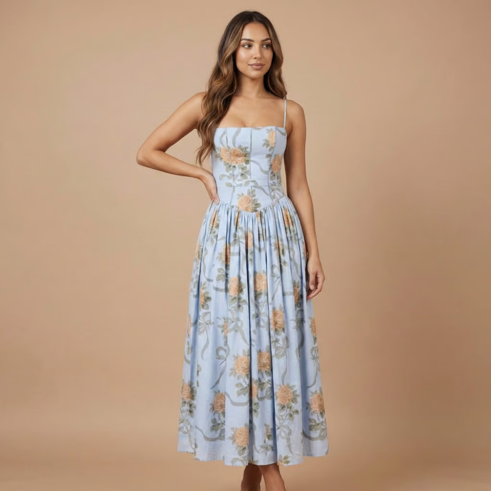 Stephanie - Floral Print Corset Bodice Gathered Midi Dress