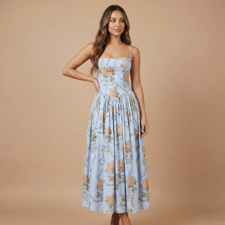 Stephanie - Floral Print Corset Bodice Gathered Midi Dress