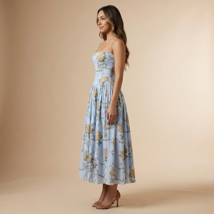 Stephanie - Floral Print Corset Bodice Gathered Midi Dress