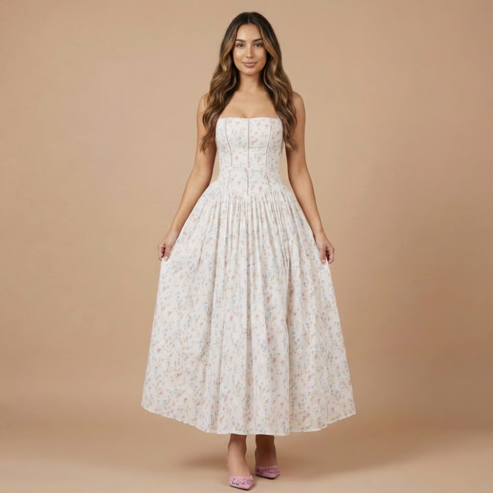 Stephanie - Floral Print Corset Bodice Gathered Midi Dress