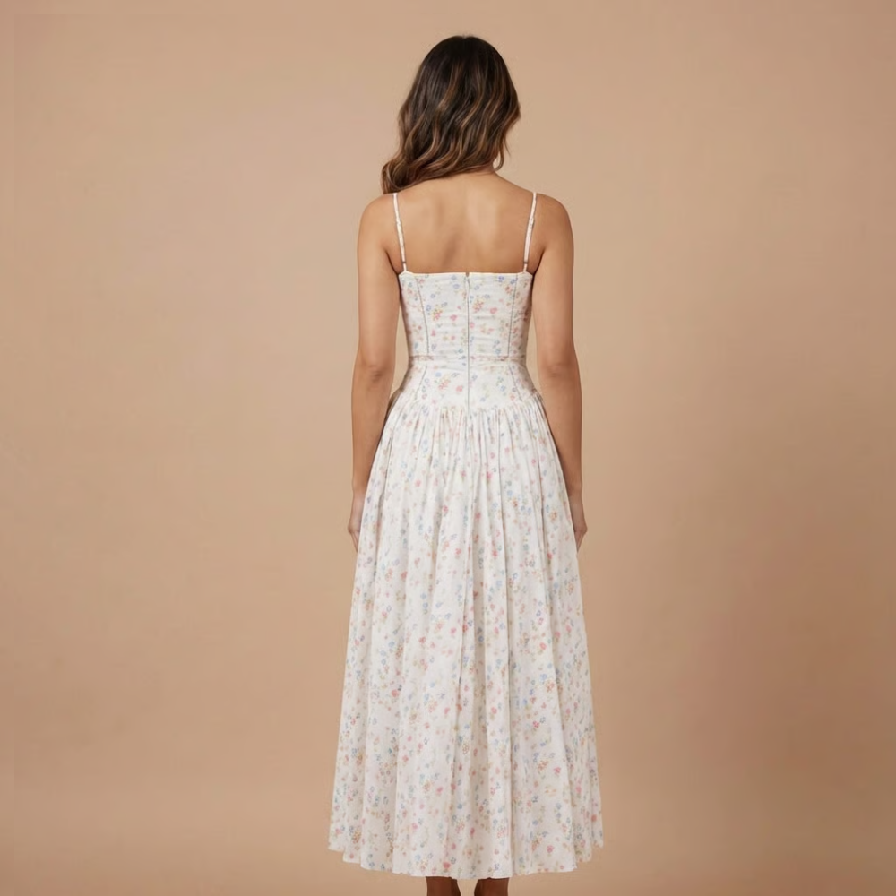 Stephanie - Floral Print Corset Bodice Gathered Midi Dress