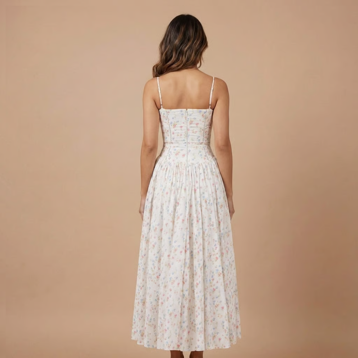 Stephanie - Floral Print Corset Bodice Gathered Midi Dress
