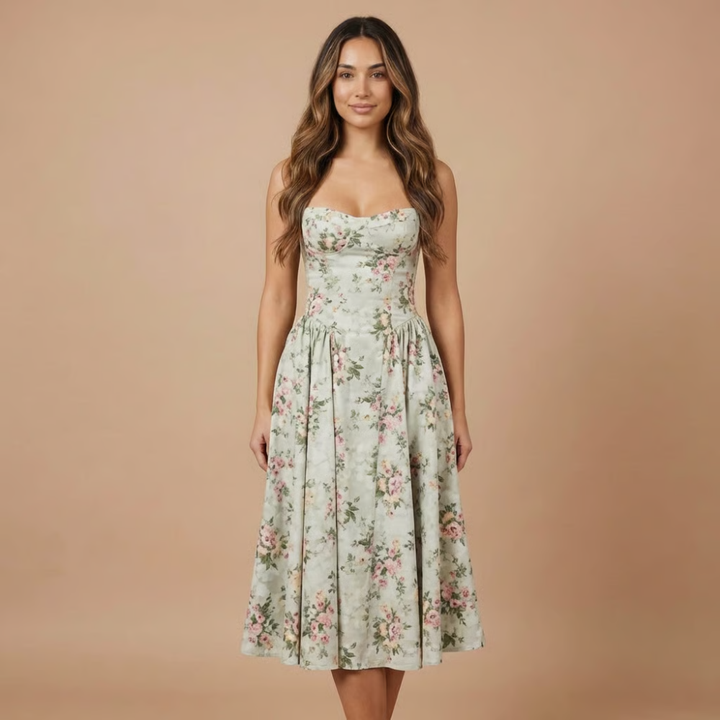 Stephanie - Floral Print Corset Bodice Gathered Midi Dress