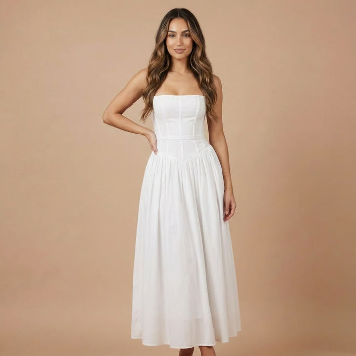 Stephanie - Floral Print Corset Bodice Gathered Midi Dress