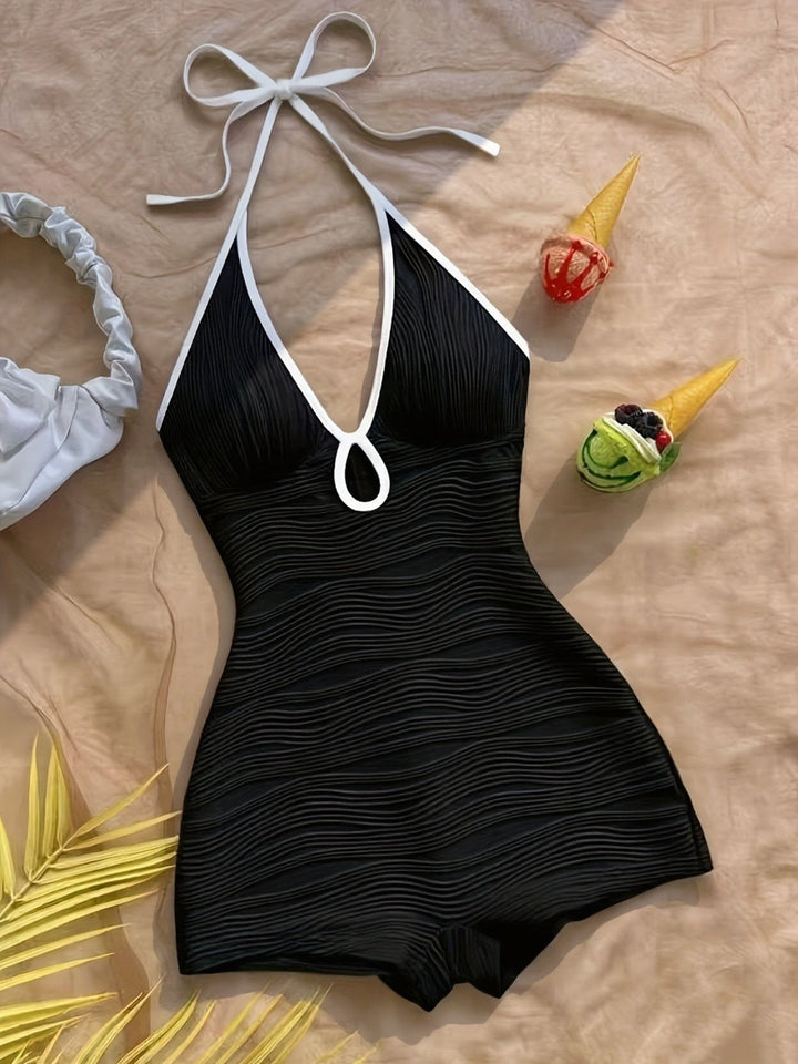 Damen Badeanzug mit Halterneck und Wellenmuster – Eleganter Vintage-Stil für Strand und Pool
