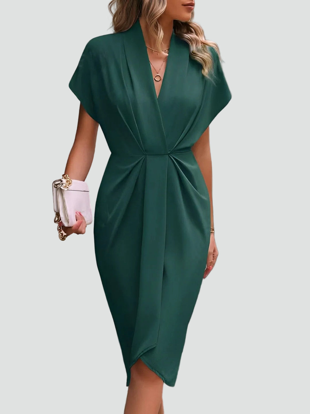 Wickelkleid Midi Damen mit V-Ausschnitt und Falten, Elegant und Weiblich für Cocktail und Dinner - Luciana Mazzini