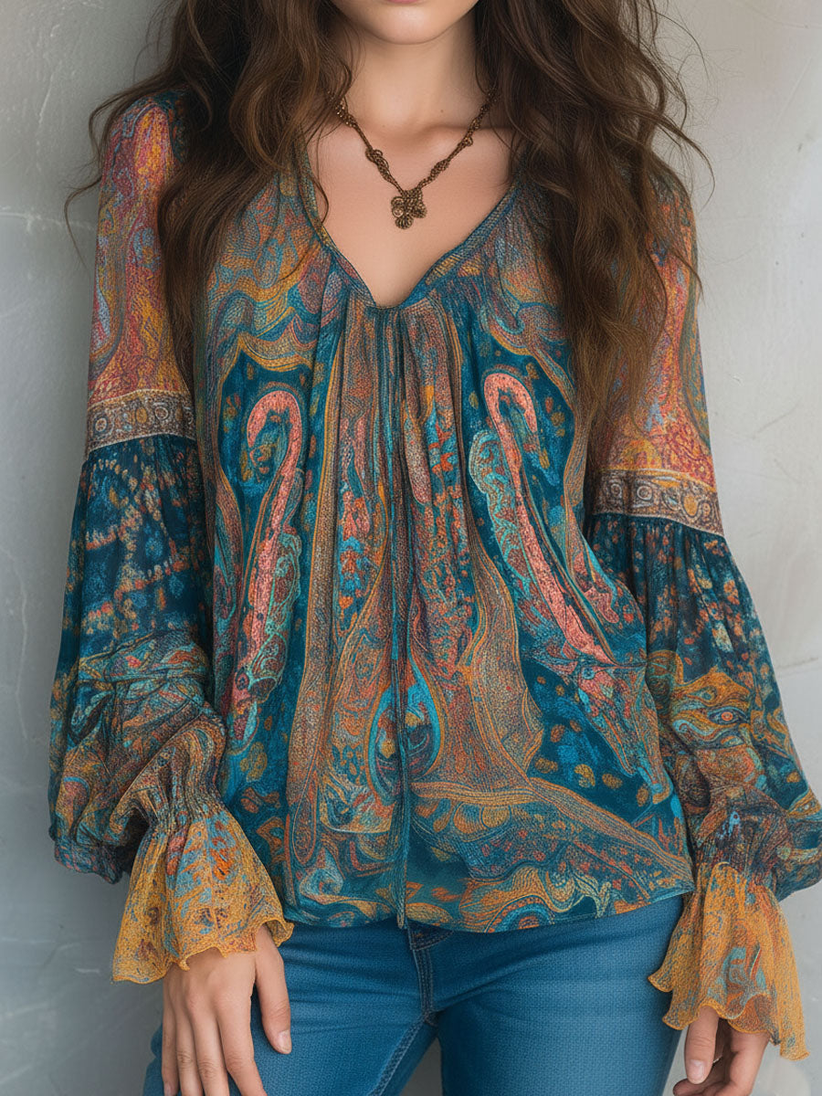 Sara | Bohemian Teal &amp; Amber Paisley Chiffonbluse mit Rüschensäumen