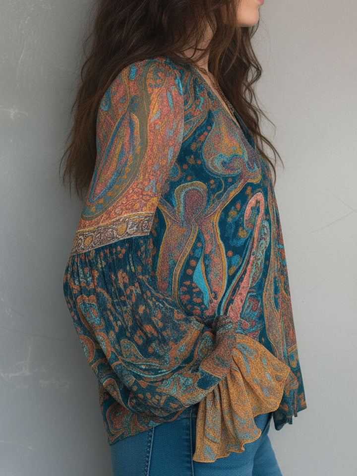 Sara | Bohemian Teal &amp; Amber Paisley Chiffonbluse mit Rüschensäumen