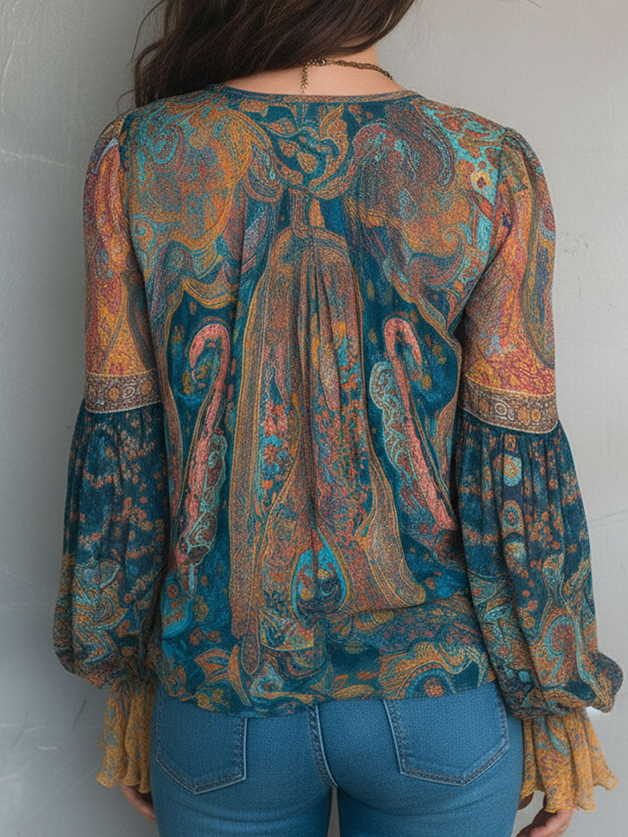 Sara | Bohemian Teal &amp; Amber Paisley Chiffonbluse mit Rüschensäumen