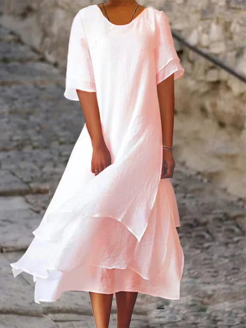 Doppeltes Baumwoll-Leinen-Kleid für Frauen | Midi