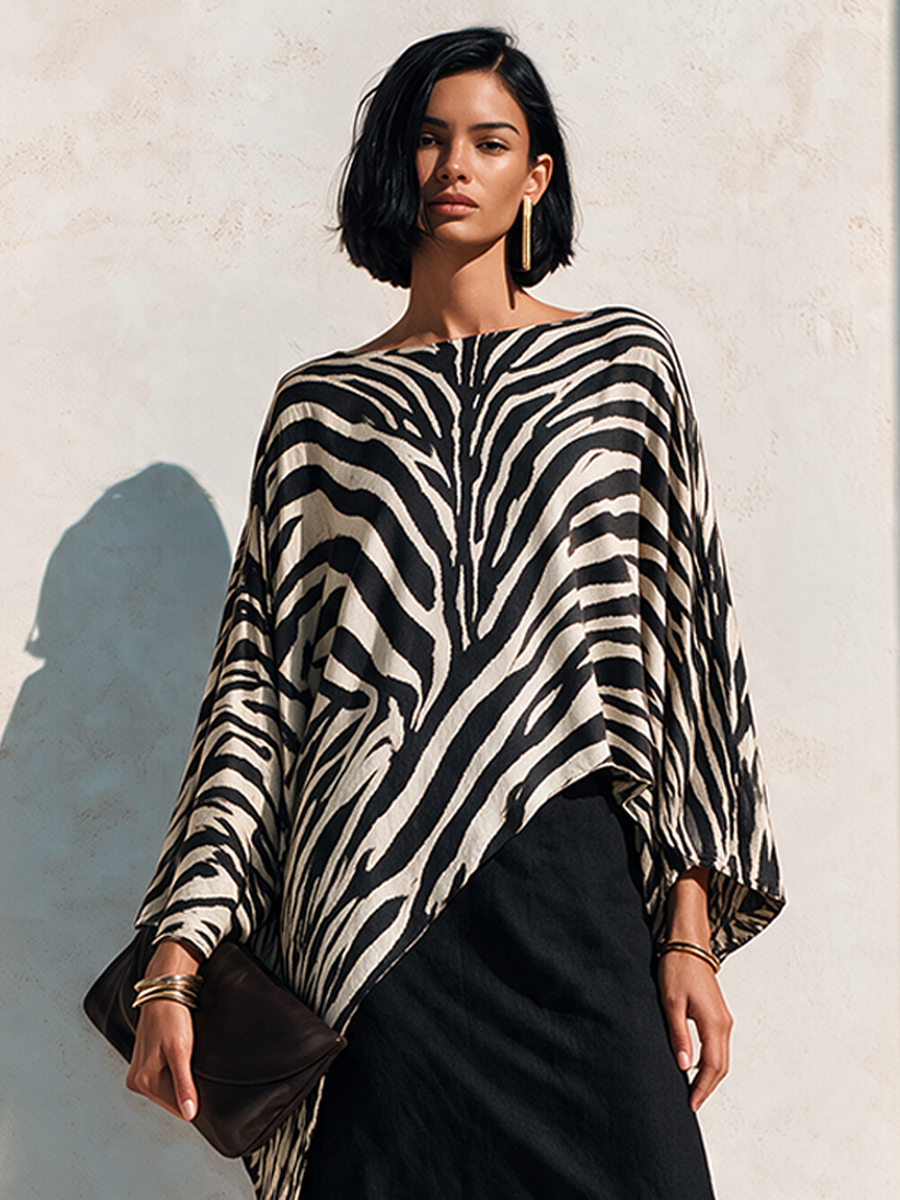 Damen Zebra-Print Asymmetrischer Saum Baumwoll-Mix Top