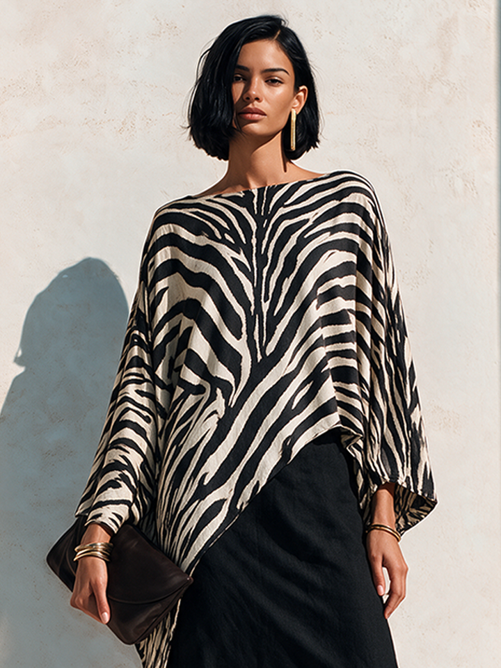 Damen Zebra-Print Asymmetrischer Saum Baumwoll-Mix Top