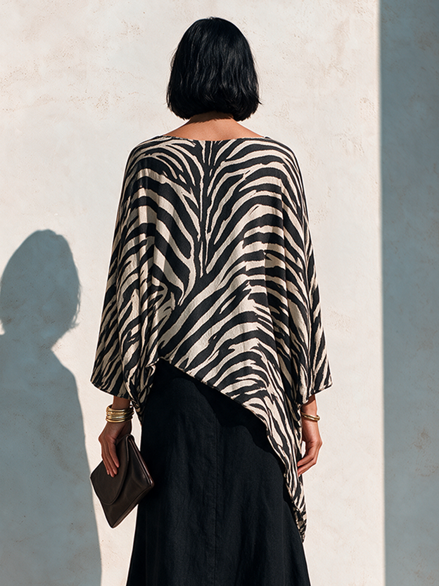 Damen Zebra-Print Asymmetrischer Saum Baumwoll-Mix Top