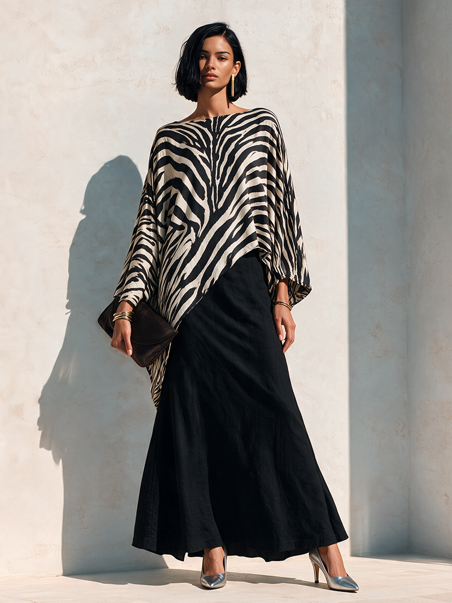 Damen Zebra-Print Asymmetrischer Saum Baumwoll-Mix Top
