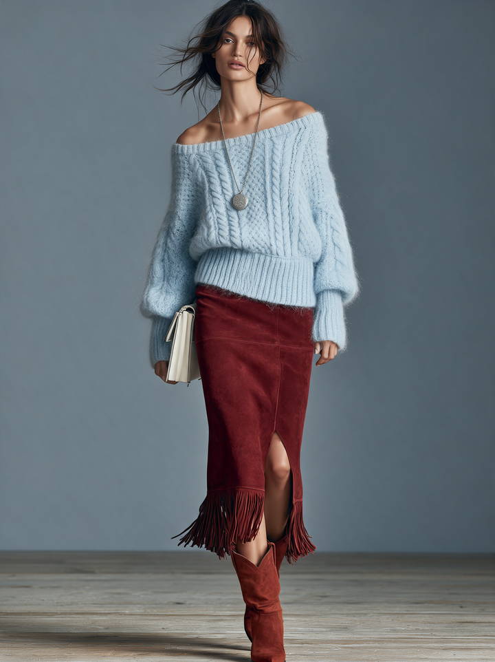 Damen Vintage Off-Shoulder Kabelstrickpullover
