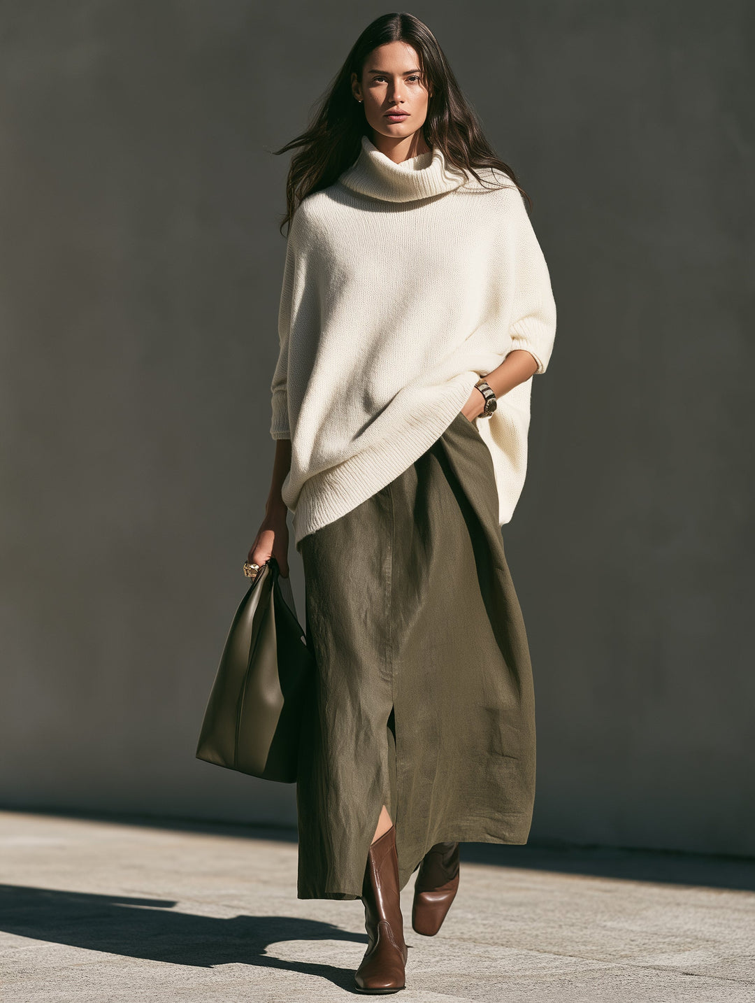 Damen Beiger Langarm-Turtleneck Strickpullover