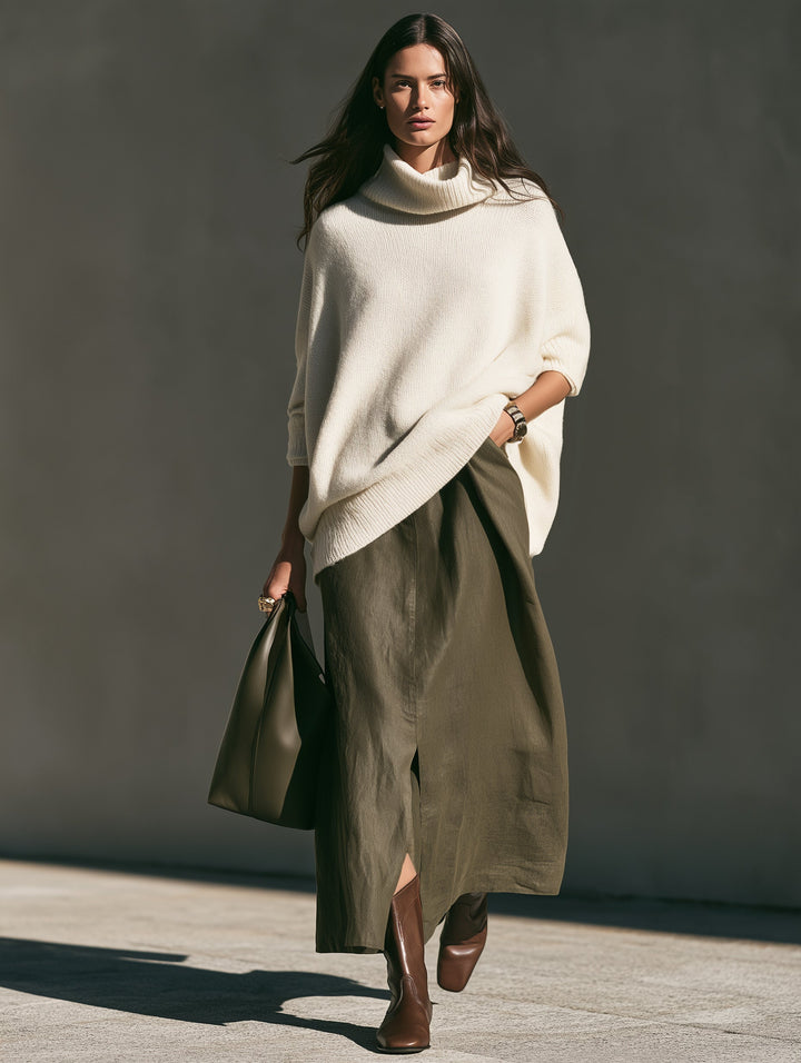 Damen Beiger Langarm-Turtleneck Strickpullover
