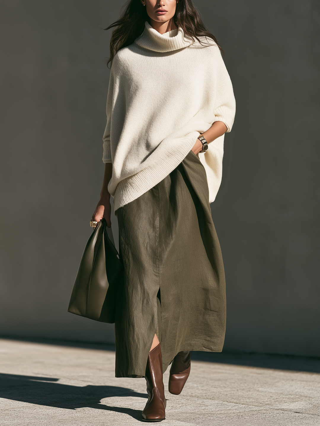 Damen Beiger Langarm-Turtleneck Strickpullover