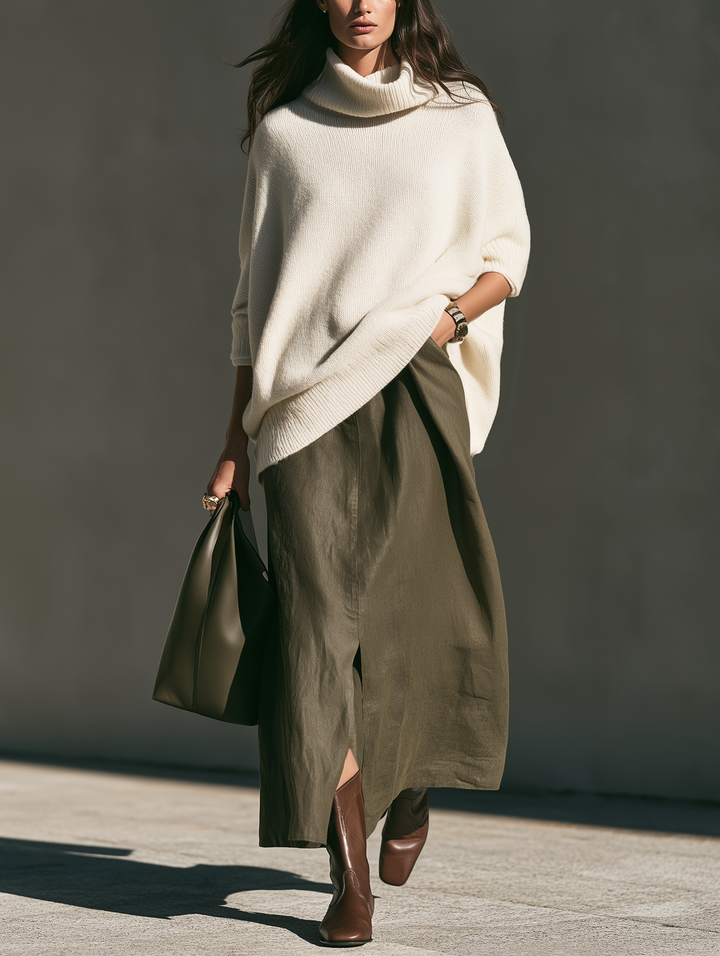 Damen Beiger Langarm-Turtleneck Strickpullover