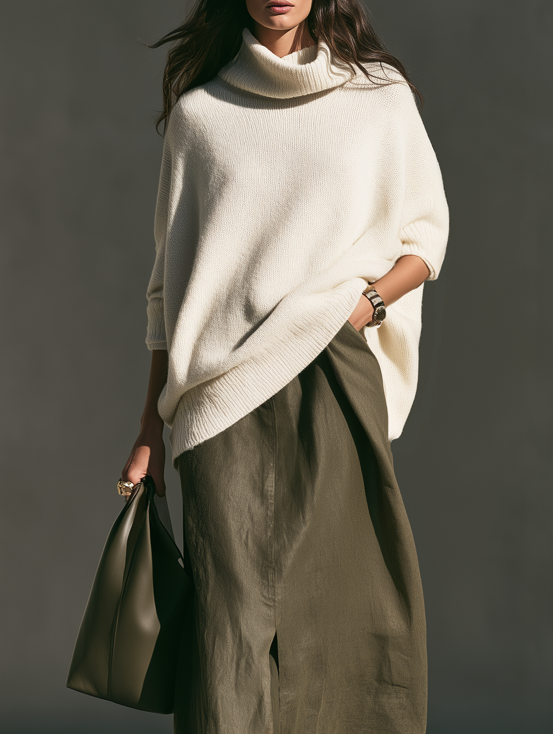 Damen Beiger Langarm-Turtleneck Strickpullover