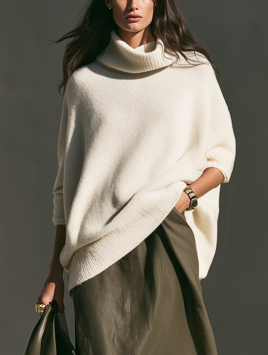 Damen Beiger Langarm-Turtleneck Strickpullover
