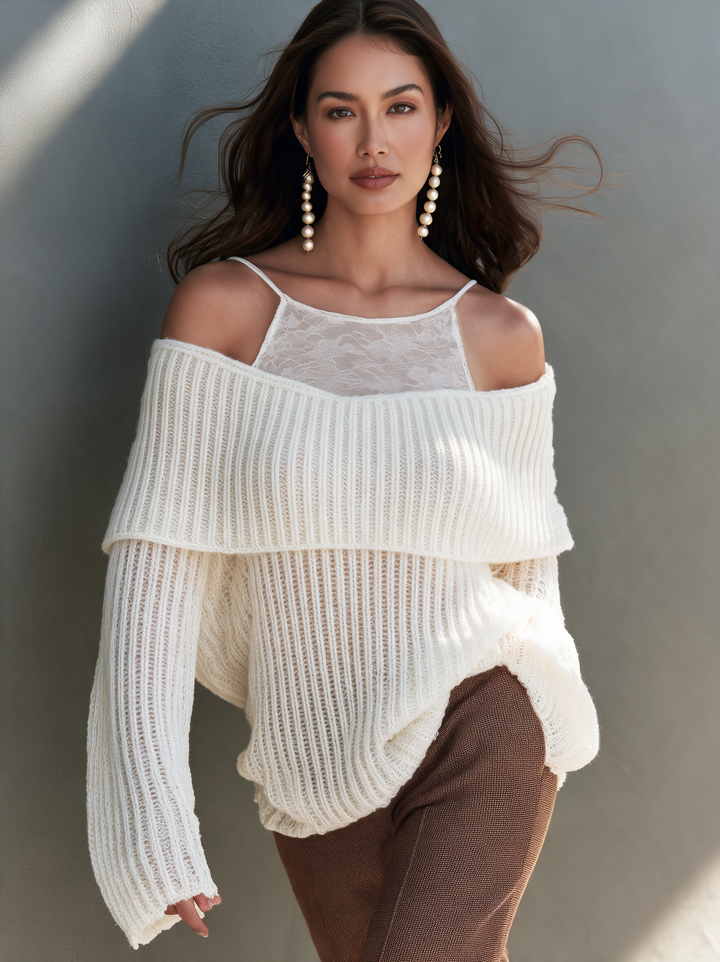 Damen Weißer Strickpullover mit Carmen-Ausschnitt und Spitzenbesatz