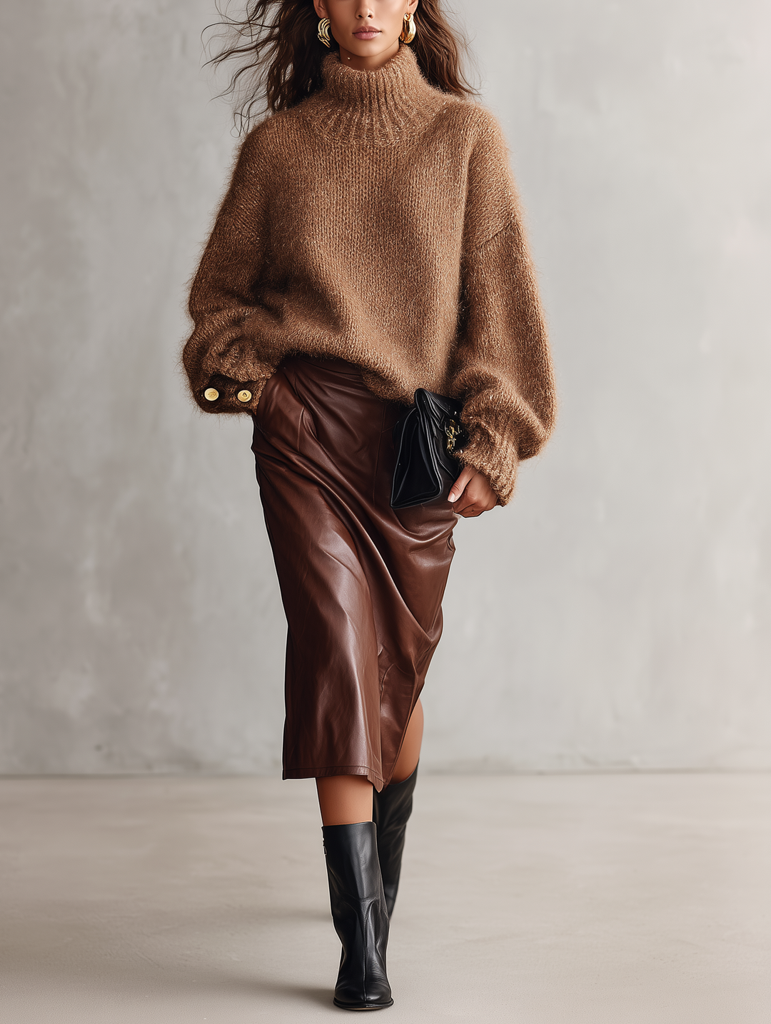 Damen Camel Mohair-Mix Langarm Rollkragenpullover