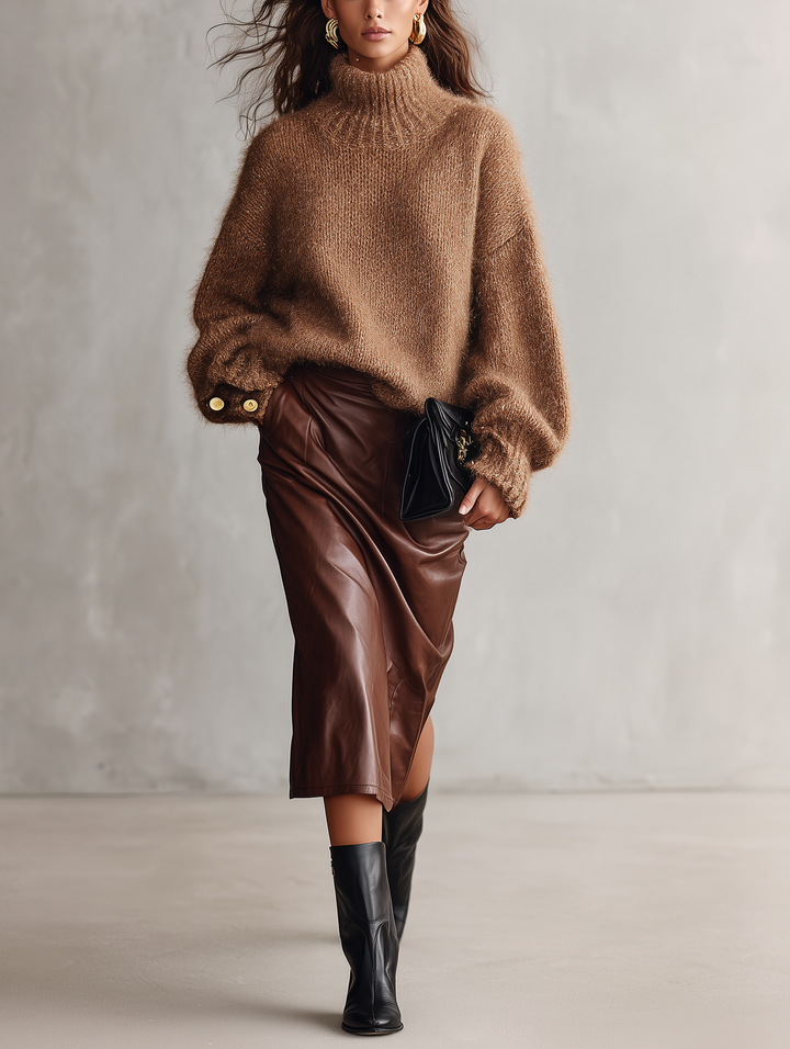 Damen Camel Mohair-Mix Langarm Rollkragenpullover
