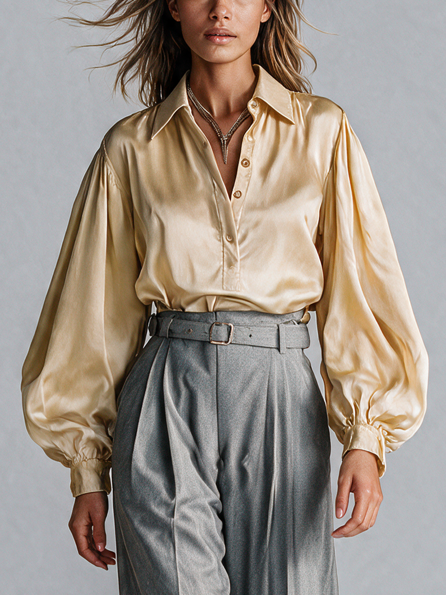 Damen Satin-Acetat Lanternenärmel Hemd