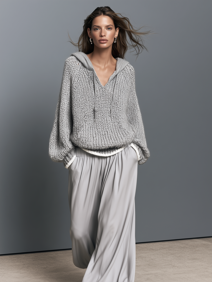 Damen Grauer Langarm Gestrickter Hoodie