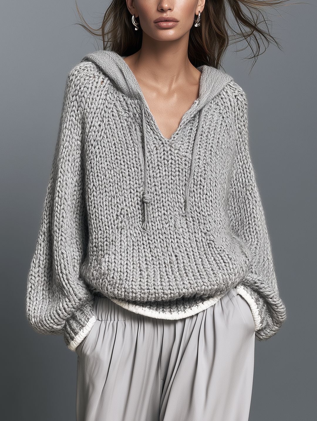 Damen Grauer Langarm Gestrickter Hoodie