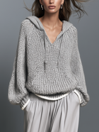 Damen Grauer Langarm Gestrickter Hoodie