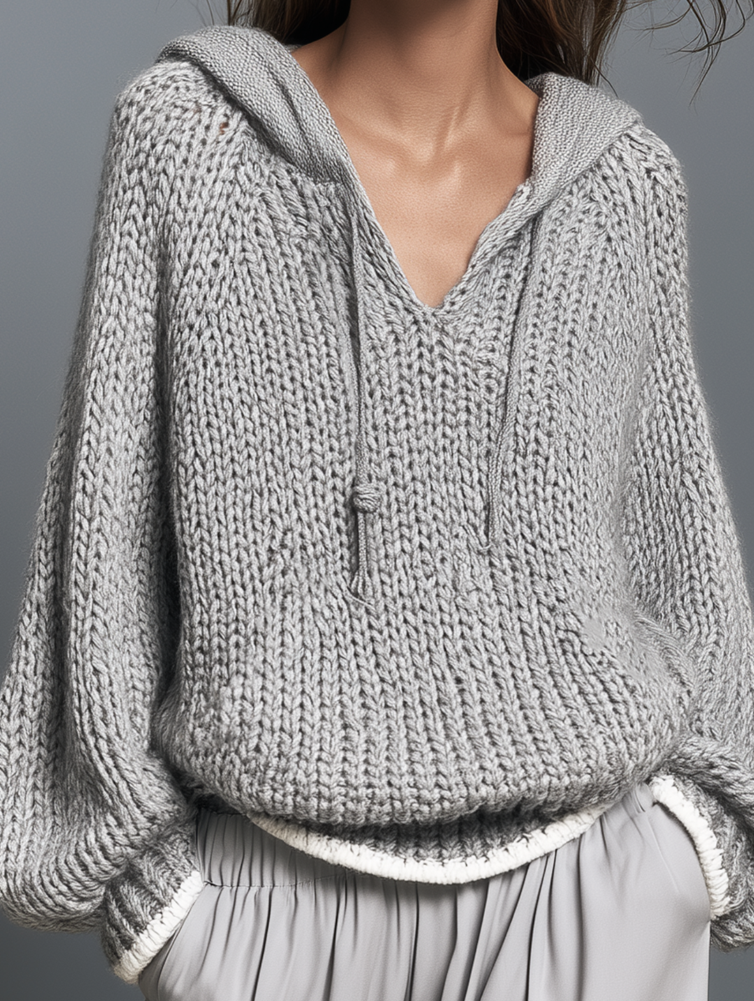 Damen Grauer Langarm Gestrickter Hoodie