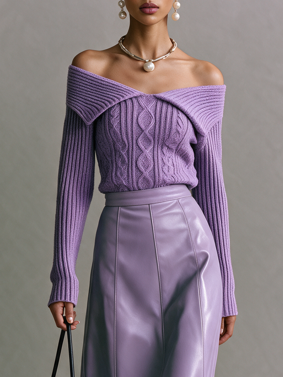 Damen Off-Shoulder Falt-Über Cable-Knit Langarm-Top