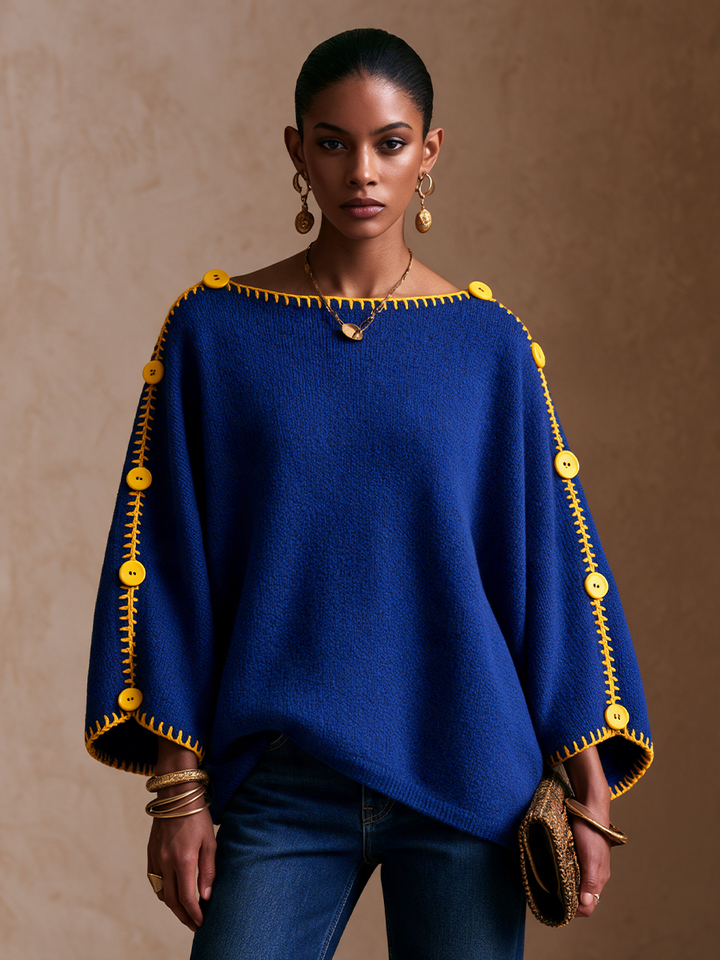 Damen Pullover mit Kontrastnähten und Knöpfen, lange Ärmel