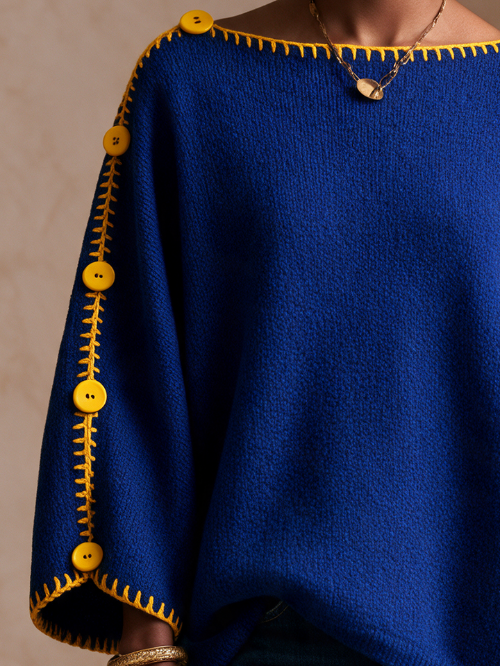 Damen Pullover mit Kontrastnähten und Knöpfen, lange Ärmel