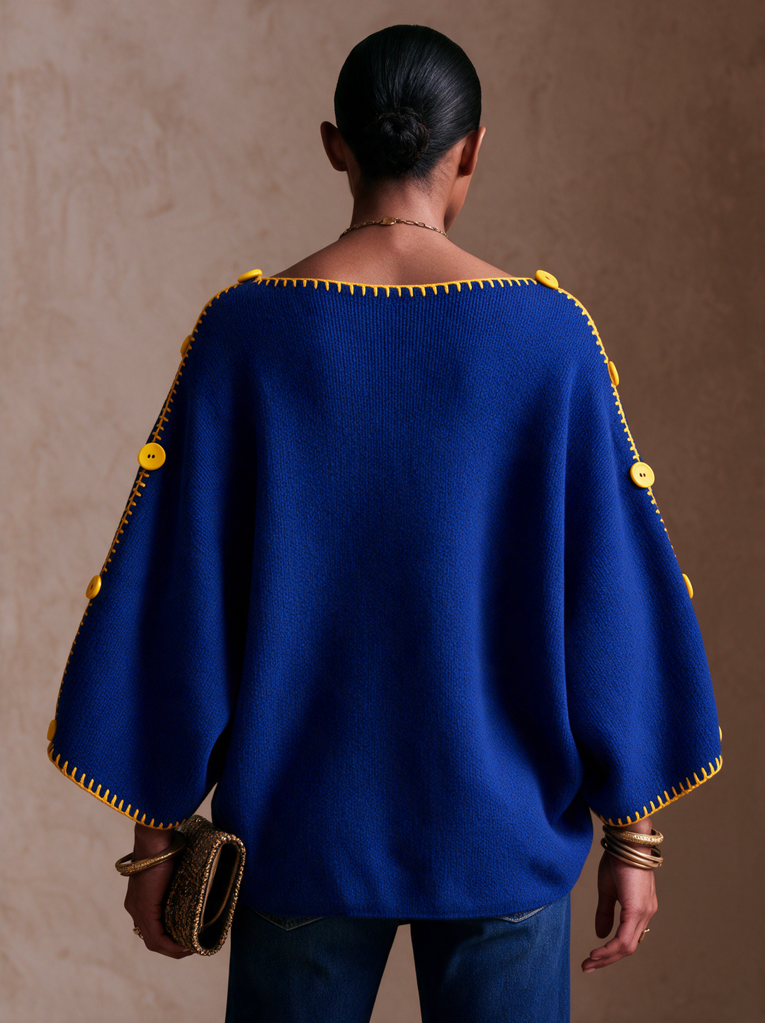 Damen Pullover mit Kontrastnähten und Knöpfen, lange Ärmel