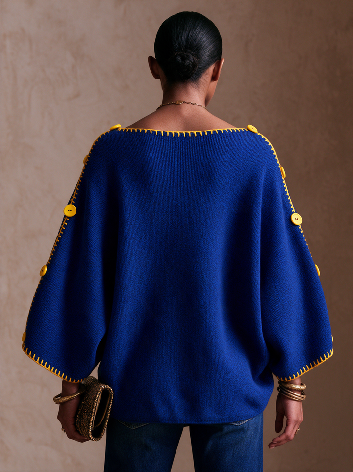 Damen Pullover mit Kontrastnähten und Knöpfen, lange Ärmel