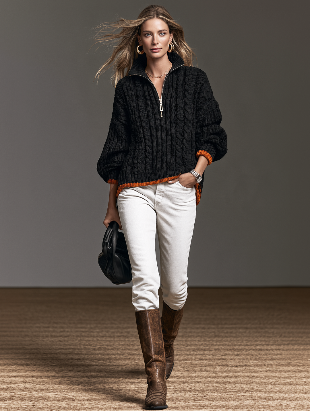 Damen Strickpullover in Schwarz und Orange mit halbem Reißverschluss und langen Ärmeln