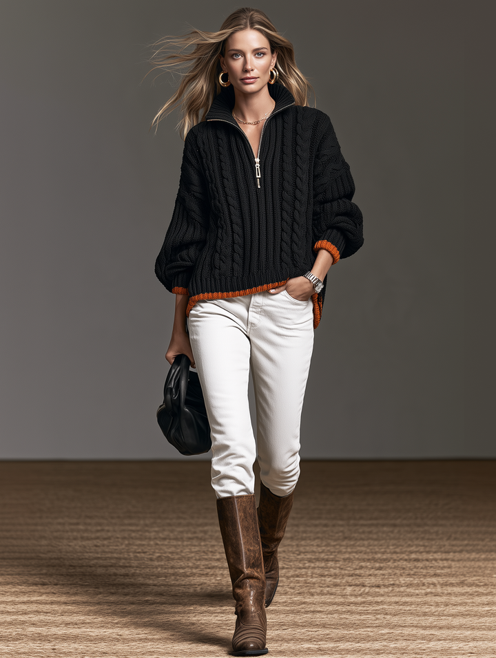 Damen Strickpullover in Schwarz und Orange mit halbem Reißverschluss und langen Ärmeln