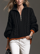 Damen Strickpullover in Schwarz und Orange mit halbem Reißverschluss und langen Ärmeln